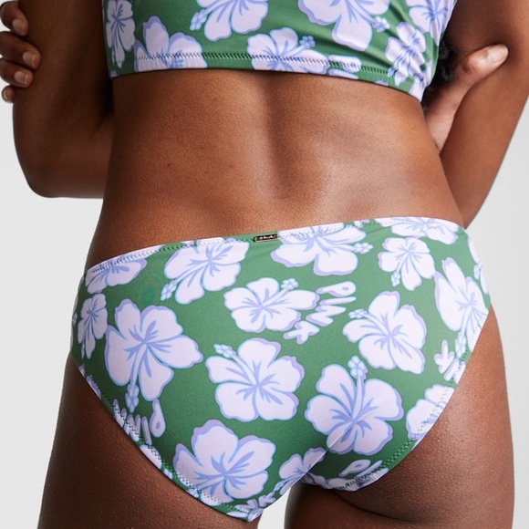 Victoria’s Secret PINK Ruched Front Bikini Bottom XL NWT Forest Pine Hibiscus 🌺 - Picture 2 of 4